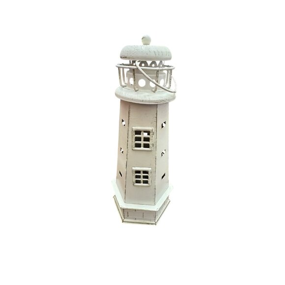 Lighthouse Candle Votive Holder Distressed Off White Metal 12.75" High Nautical - Picture 4 of 12